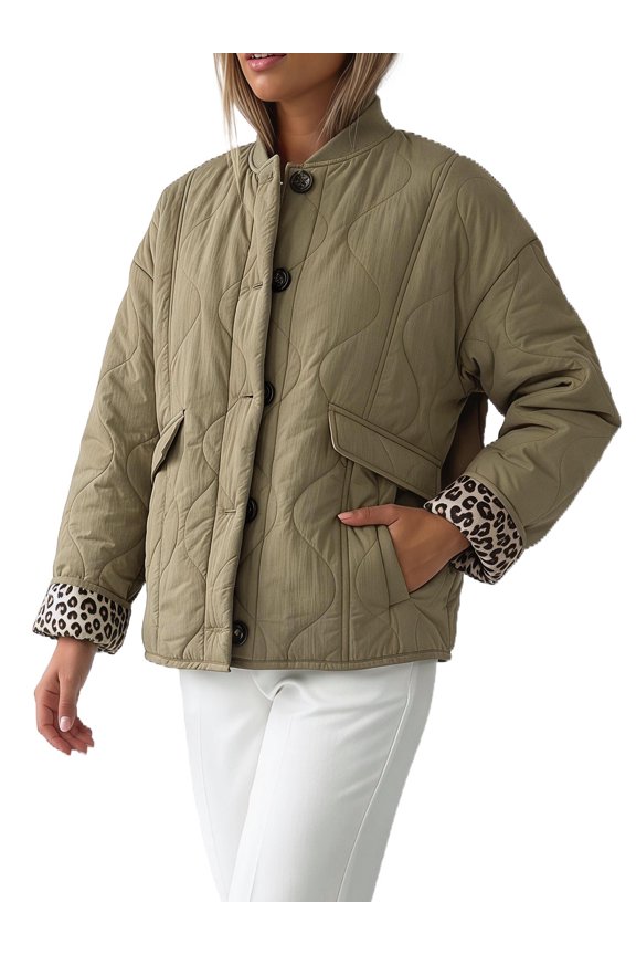 Women's Leopard Print Lined Puffer Jacket with Ribbed Crew Neck and Pockets Large Green