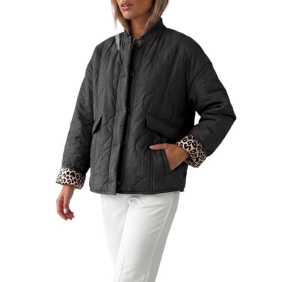 INSPIRE CHIC Women's Leopard Print Lined Puffer Jacket with Ribbed Crew Neck and Pockets Small Black