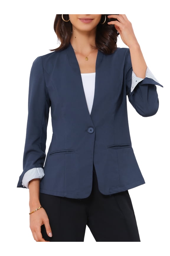 Women's Linen Blazers Solid Color One Button Long Sleeve Wear-to-Work Blazers M Navy blue