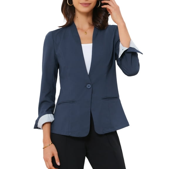 INSPIRE CHIC Women's Linen Blazers Solid Color One Button Long Sleeve Wear-to-Work Blazers XS Navy blue