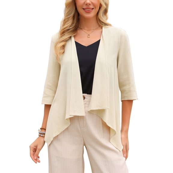 INSPIRE CHIC Women's Linen Cardigan Summer 2026 3/4 Sleeve Open Front Loose Cover Ups Lightweight Shrug L Beige