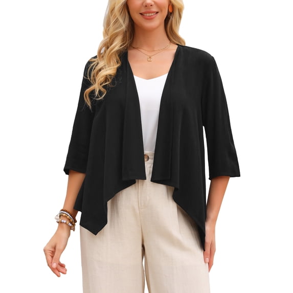 INSPIRE CHIC Women's Linen Cardigan Summer 2026 3/4 Sleeve Open Front Loose Cover Ups Lightweight Shrug S Black
