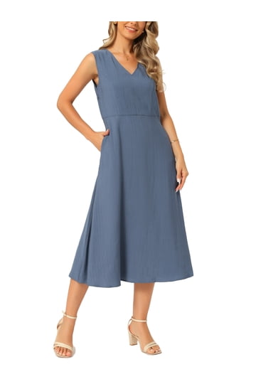 chinese dress ladies AMILA open back linen cupro midi dress in dusty blue   unlined 
