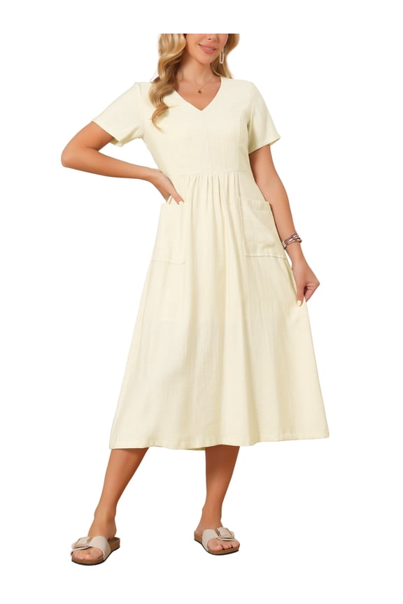 Women's Linen Dress Summer Short Sleeve V Neck Boho Sundress Casual Loose Flowy Beach Midi Dresses L Beige