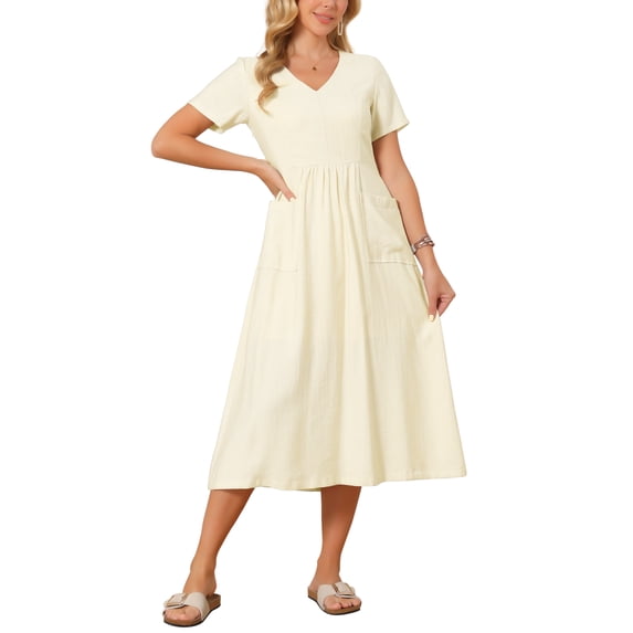 INSPIRE CHIC Women's Linen Dress Summer Short Sleeve V Neck Boho Sundress Casual Loose Flowy Beach Midi Dresses XL Beige