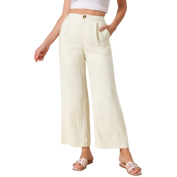 INSPIRE CHIC Women's Linen Palazzo Pants Casual High Waist Straight Wide Leg Lounge Pants Button Trousers S Beige