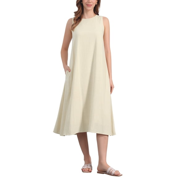 INSPIRE CHIC Women's Linen Dresses Crewneck Loose Fit Shift Sleeveless Sundresses Casual Tank Dress with Pockets M Apricot