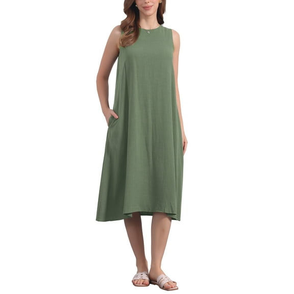 INSPIRE CHIC Women's Linen Dresses Crewneck Loose Fit Shift Sleeveless Sundresses Casual Tank Dress with Pockets S Green