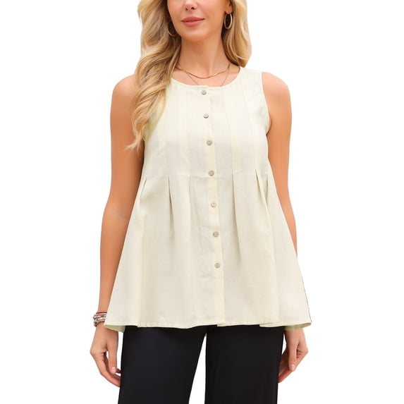 INSPIRE CHIC Women's Linen Tank Tops Summer Sleeveless Shirts Button Pleated Babydoll Casual Blouse S Beige