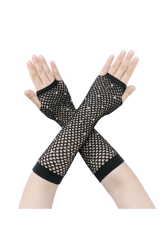 Women's Long Elastic Mesh Gloves Rhinestone 80s Cosplay Net Half Finger Sleeves for Female Halloween Party Dance Costume Black