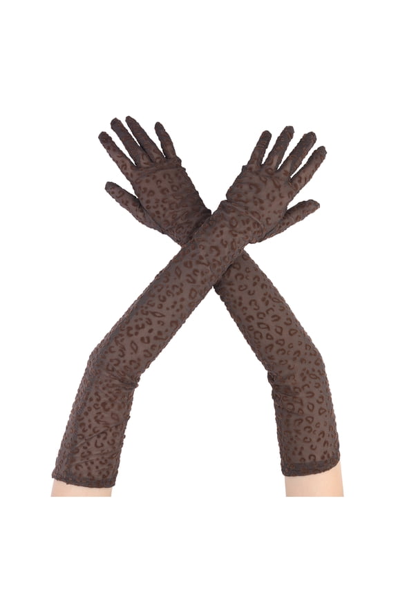 Women's Long Tulle Sheer Glove Leopard Print 21" Elbow Length Finger Gothic for Halloween Opera Masquerade Brown