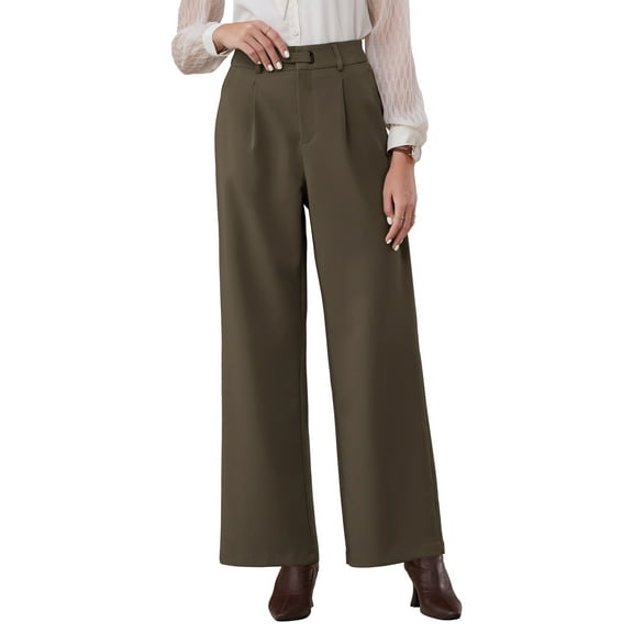 INSPIRE CHIC Women's Long Pant Wide Leg Work Casual High Waisted Trousers L Brown