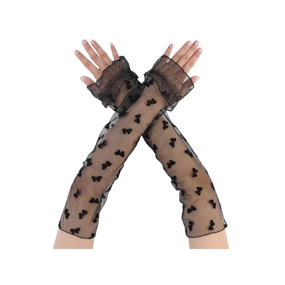 INSPIRE CHIC Women's Long Polka Point Bowknot Lace Pleated Gloves Fashion Fingerness Arm Sleeves for Female Vintage Opera Dance Party Black1