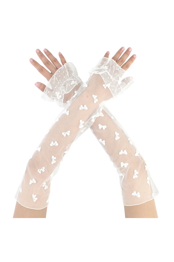 Women's Long Polka Point Bowknot Lace Pleated Gloves Fashion Fingerness Arm Sleeves for Female Vintage Opera Dance Party White1