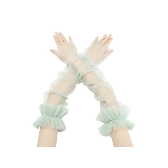 INSPIRE CHIC Women's Long Ruffle Tulle Cuff Sleeves Mesh Sheer Arm Cover Fingerless Gloves for Wedding 1 Pair Light Green One Size