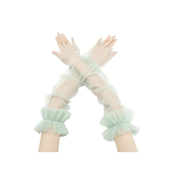 INSPIRE CHIC Women's Long Ruffle Tulle Cuff Sleeves Mesh Sheer Arm Cover Fingerless Gloves for Wedding 1 Pair Light Green One Size