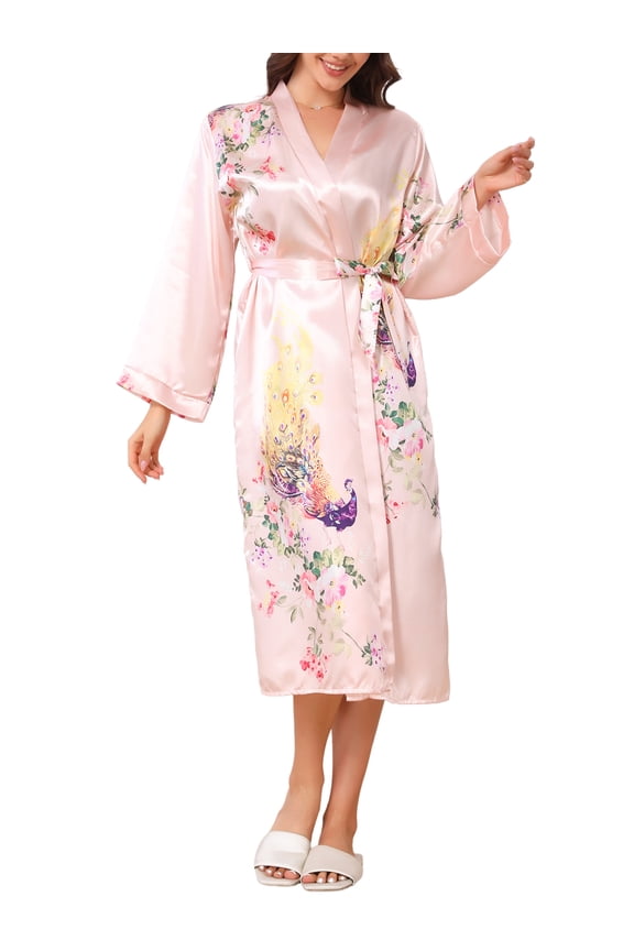 Women's Long Satin Robes Midi Silk Robes Sleepwear Loungewear Kimonos L Pink