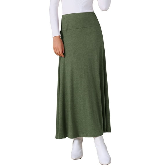 INSPIRE CHIC Women's Skirt High Waist Stretch Solid Lightweight  Flowy Flare Casual Maxi Skirts S Army Green