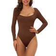 thumbnail image 1 of INSPIRE CHIC Women's Long Sleeve Bodysuit Shapewear Slim Fit Stretchy Square Neck Leotard Jumpsuit Tops XXL Light Brown, 1 of 4