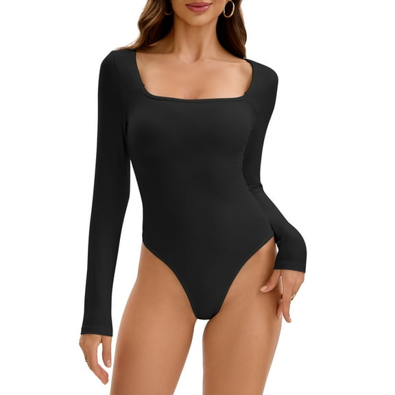 INSPIRE CHIC Women's Long Sleeve Bodysuit Slim Fit Square Neck Tummy Control Brief Leotard S Black