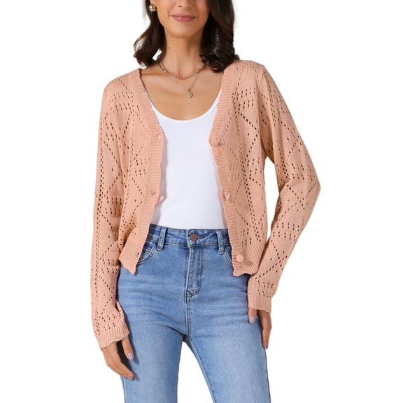 INSPIRE CHIC Women's Long Sleeve Button Down Knit Sweater Hollow Out V Neck Cropped Cardigans M Peach Pink