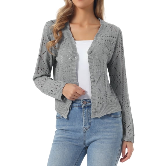 INSPIRE CHIC Women's Long Sleeve Button Down Knit Sweater Hollow Out V Neck Cropped Cardigans S Gray
