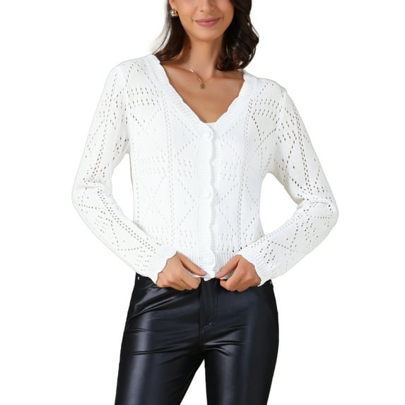 INSPIRE CHIC Women's Long Sleeve Button Down Knit Sweater Hollow Out V Neck Cropped Cardigans S White