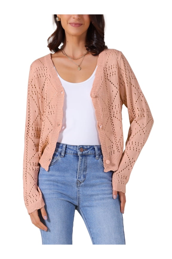 Women's Long Sleeve Button Down Knit Sweater Hollow Out V Neck Cropped Cardigans XL Peach Pink