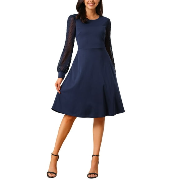 INSPIRE CHIC Women's Long Sleeve Dresses Round Neck Elegant Cocktail Party Work Knee Length Dress M Dark Blue