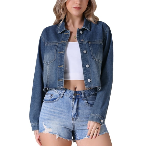 INSPIRE CHIC Women's Long Sleeve Frayed Hem Trendy Cropped Denim Jacket S Blue