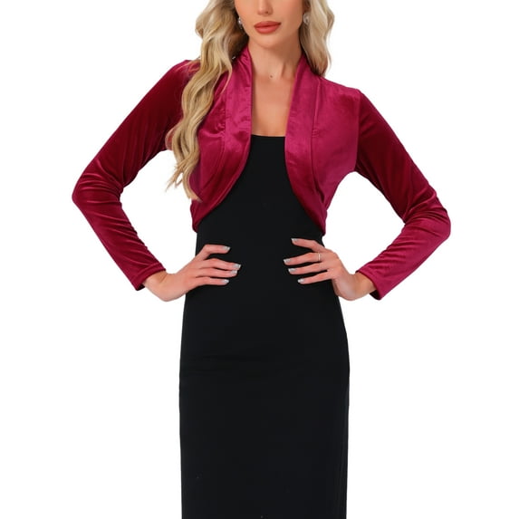INSPIRE CHIC Women's Long Sleeve Open Front Velvet Cropped Bolero Shrug XL Red