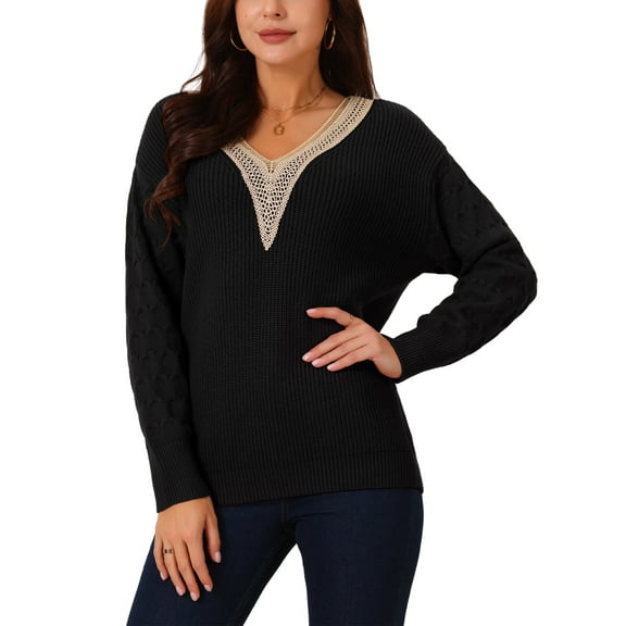 INSPIRE CHIC Women's' Long Sleeve Sweaters Trendy Lace V Neck Knit Drop Shoulder Pullover Sweater Jumper Tops S Black