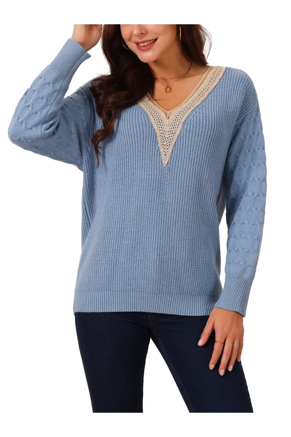 Women's' Long Sleeve Sweaters Trendy Lace V Neck Knit Drop Shoulder Pullover Sweater Jumper Tops S Blue