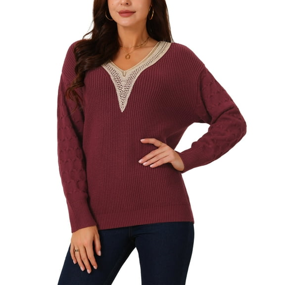 INSPIRE CHIC Women's' Long Sleeve Sweaters Trendy Lace V Neck Knit Drop Shoulder Pullover Sweater Jumper Tops S Wine Red