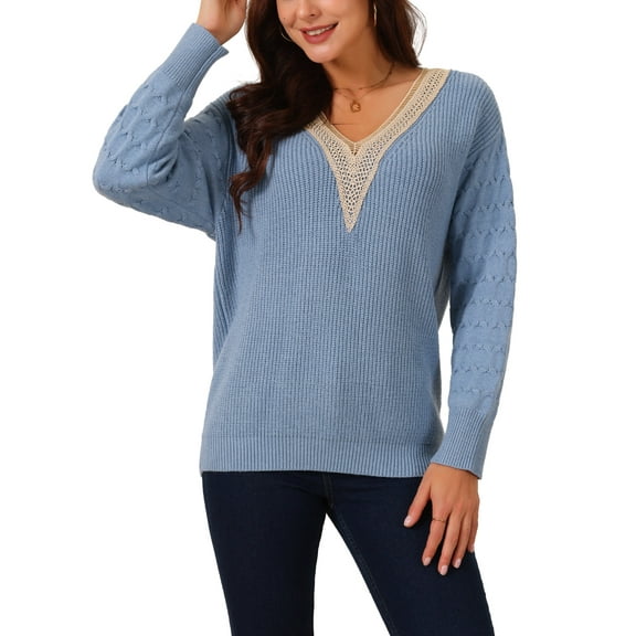 INSPIRE CHIC Women's' Long Sleeve Sweaters Trendy Lace V Neck Knit Drop Shoulder Pullover Sweater Jumper Tops XL Blue