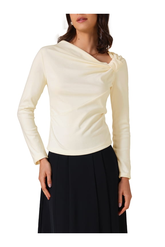 Women's Long Sleeve Tops Casual Fitted Asymmetric Neck Knot Ruched Top M Beige