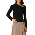 thumbnail image 1 of INSPIRE CHIC Women's Long Sleeve Tops Casual Fitted Asymmetric Neck Knot Ruched Top M Black, 1 of 6