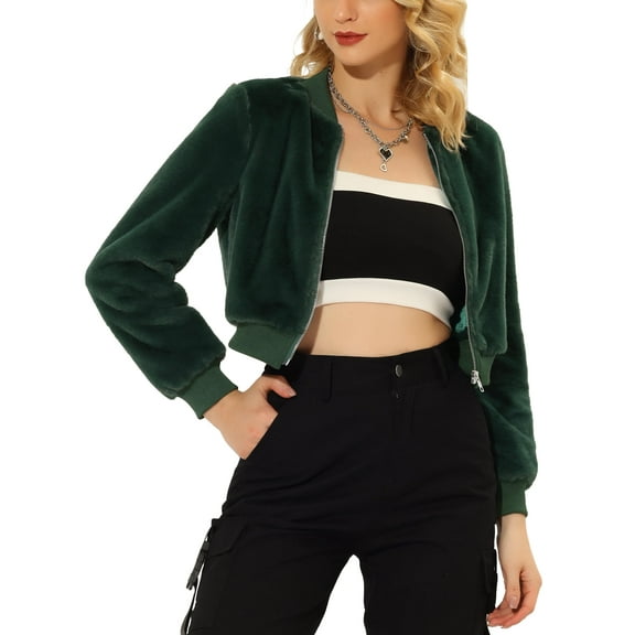 INSPIRE CHIC Women's Long Sleeve Zip Up Faux Fur Cropped Bomber Jacket M Dark Green
