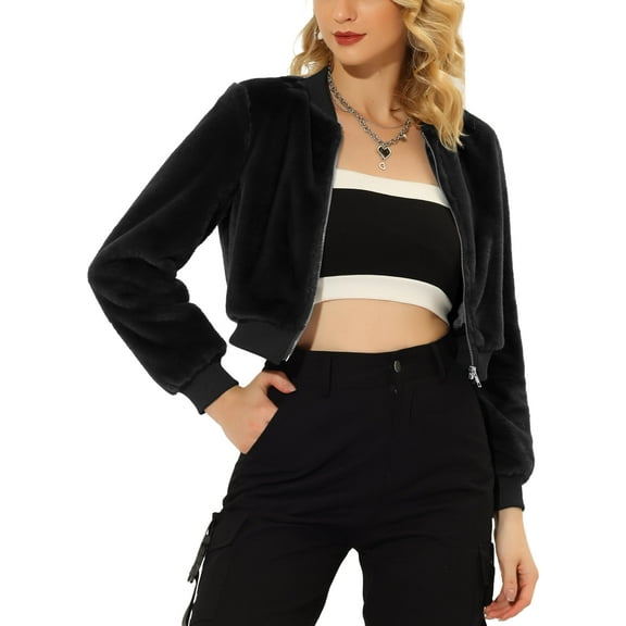 INSPIRE CHIC Women's Long Sleeve Zip Up Faux Fur Cropped Bomber Jacket XL Black