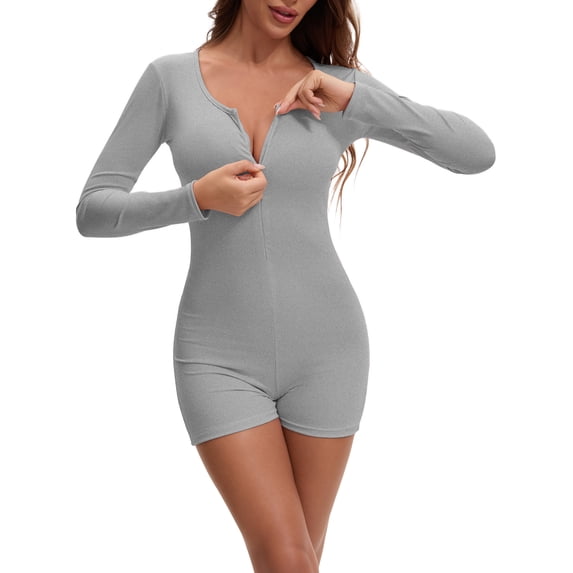 INSPIRE CHIC Women's Long Sleeves Shapewear Tummy Control Front Zipper Ribbed Boyshorts Leotard Jumpsuit L Grey