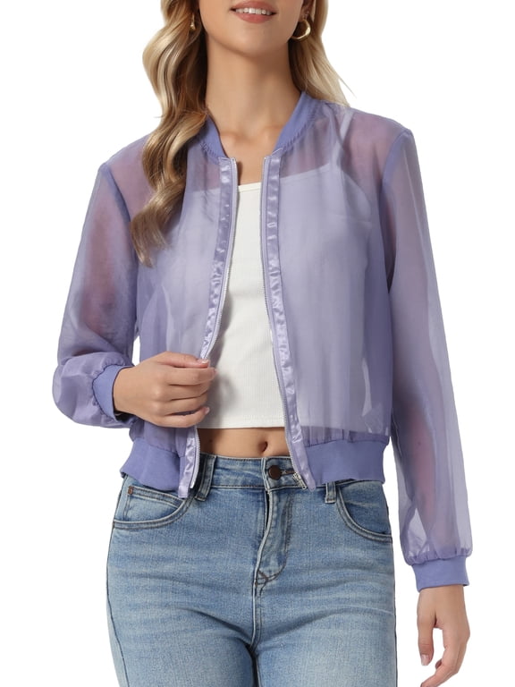 Women's Long Sleeves Zip Up See Through Lightweight Bomber Jacket L Dusty Purple