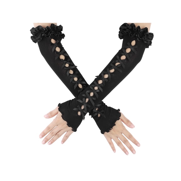 INSPIRE CHIC Women's Long Stretchy Bowknot Fingerless Arm Gloves Satin Y2K Lolita Sleeves for Female  Bride Princess Costume Opera Dance Party Black