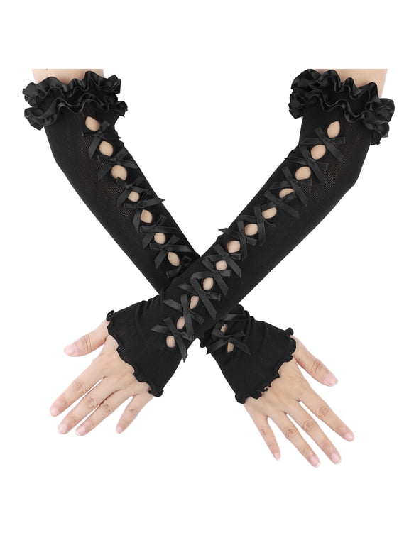 Women's Long Stretchy Bowknot Fingerless Arm Gloves Satin Y2K Lolita Sleeves for Female Bride Princess Costume Opera Dance Party Black