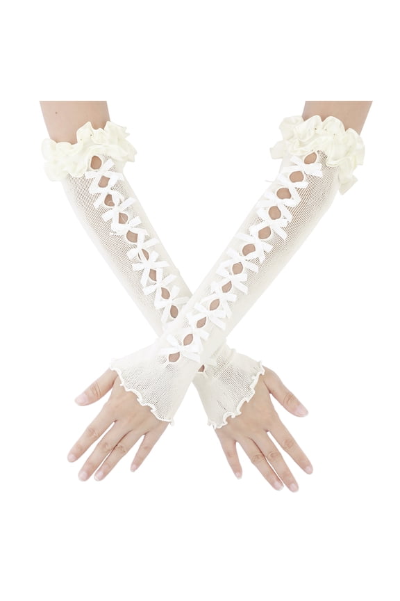 Women's Long Stretchy Bowknot Fingerless Arm Gloves Satin Y2K Lolita Sleeves for Female  Bride Princess Costume Opera Dance Party White