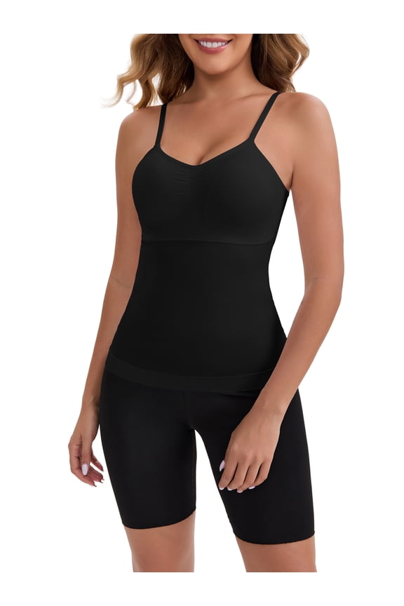 Women's Long V-Neck Tummy Control Breast Lifting Padded Camisole Seamless Slim-Fit Shaping Tank XXL Black