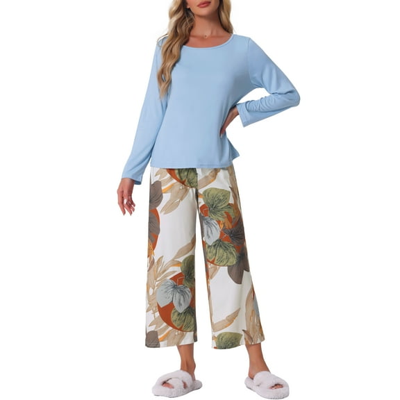INSPIRE CHIC Women's Lounge Set Floral Capri Long Sleeve Shirt Soft Strechy Pajama Sets 2 Piece Loungewear L Blue