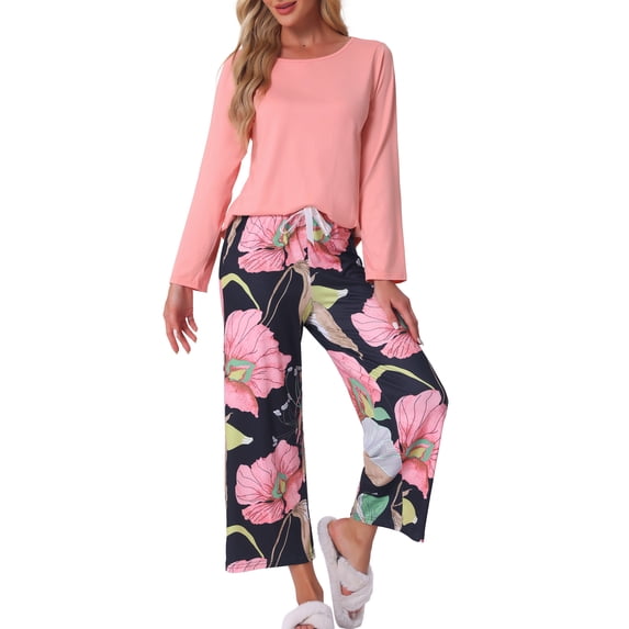 INSPIRE CHIC Women's Lounge Set Floral Capri Long Sleeve Shirt Soft Strechy Pajama Sets 2 Piece Loungewear L Pink