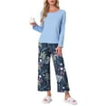 thumbnail image 1 of INSPIRE CHIC Women's Lounge Set Floral Capri Long Sleeve Shirt Soft Strechy Pajama Sets 2 Piece Loungewear M Deep Blue, 1 of 5