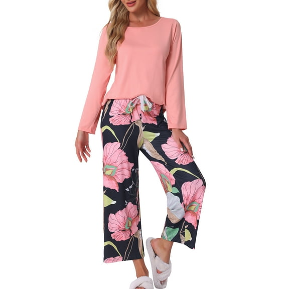 INSPIRE CHIC Women's Easter Lounge Set Floral Capri Long Sleeve Shirt Soft Strechy Pajama Sets 2 Piece Loungewear XL Pink