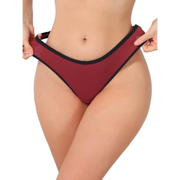 INSPIRE CHIC Women's Low Waisted Ribbed Thongs Softan Breathable Contrast Color Trim Underwear Panties Small Dark Red